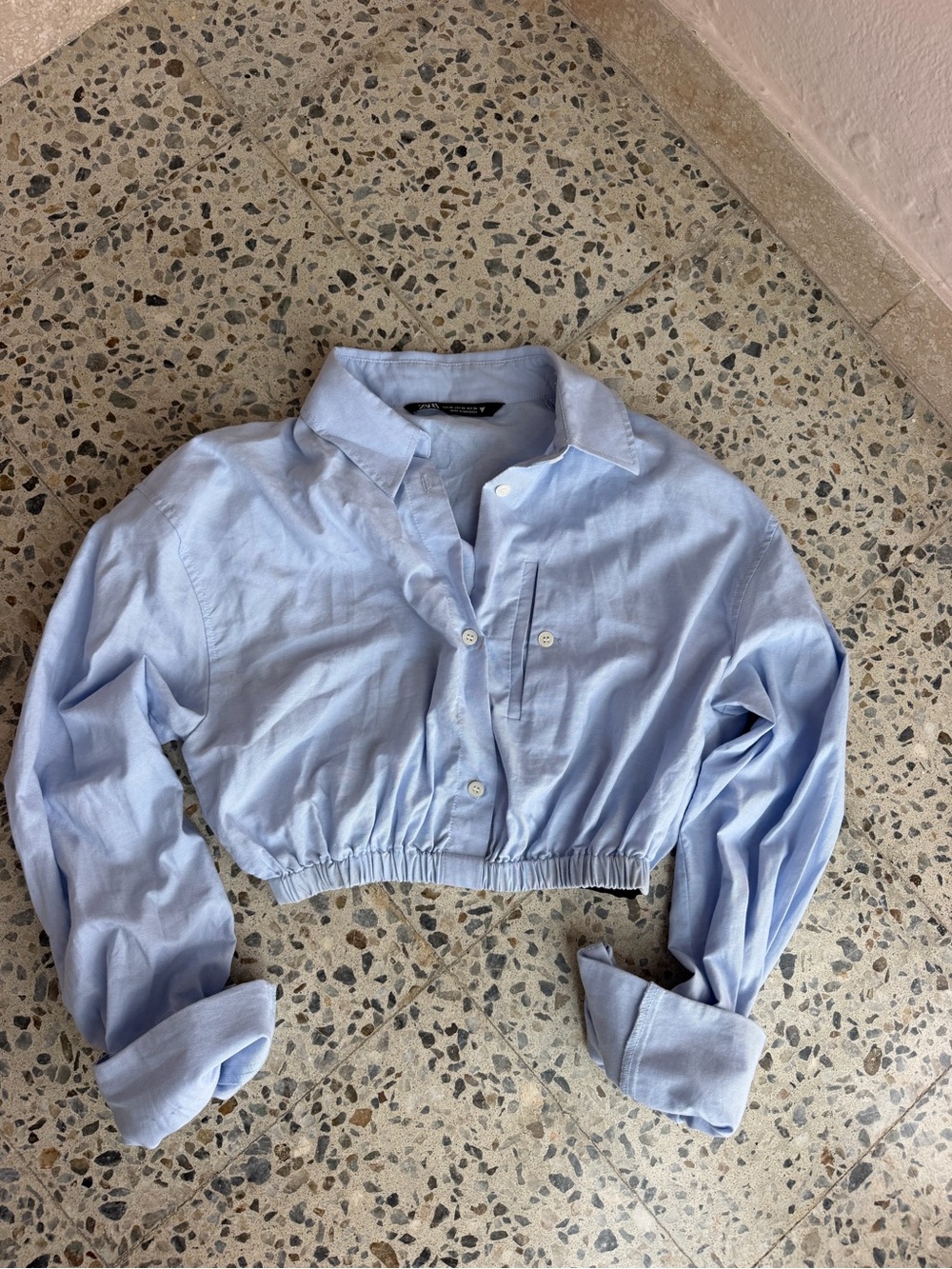 Zara Light Blue Cropped Button-Down Shirt